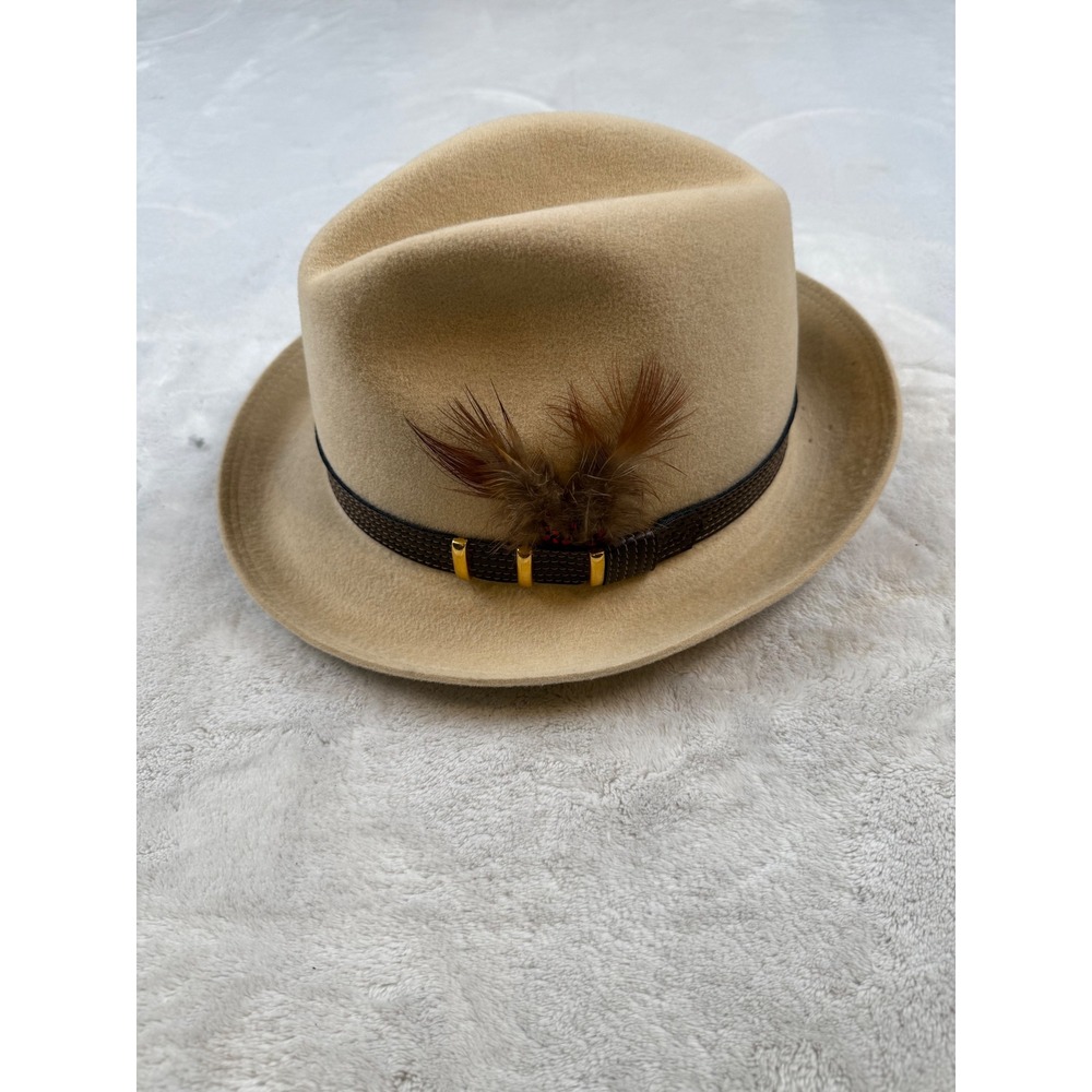 Stetson Mens Fedora Hat Tan Wool Imperial Style Feather Band Size 6 7/8